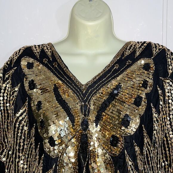 Vtg 70s/80s black silk & gold sequin disco butterfly blouse - Picture 3 of 8